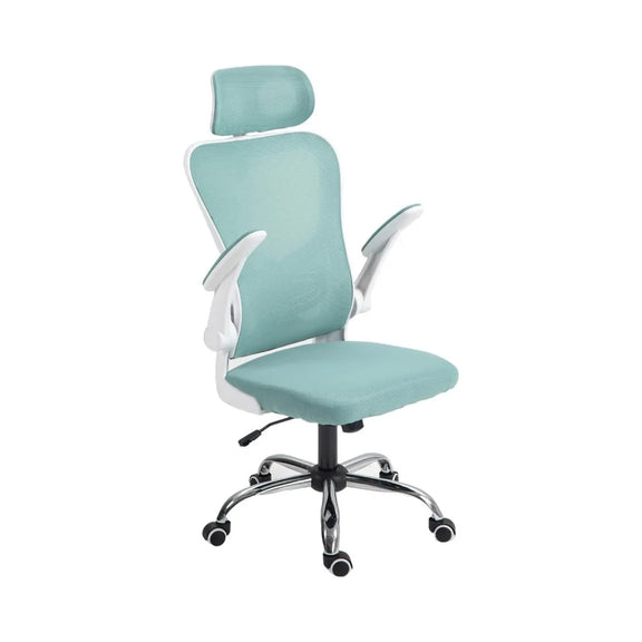 Ergonomic office chair with mesh back, adjustable headrest, and flip-up padded armrests.