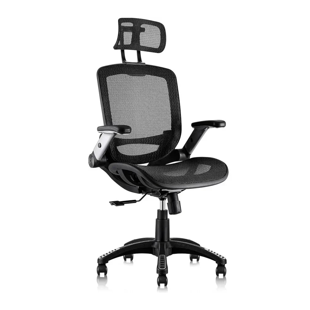 Ergonomic mesh office chair with adjustable headrest and flip-up arms for lumbar support and comfortable sitting.