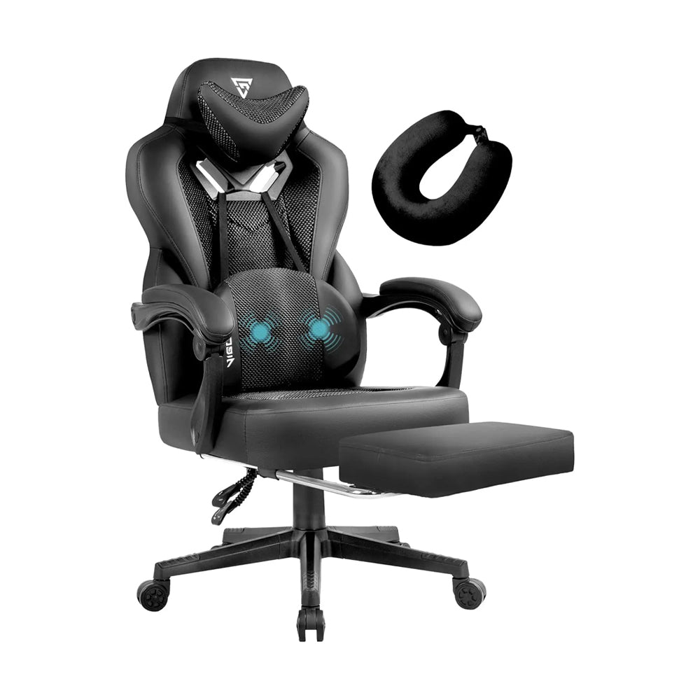 Tongyue Gaming Chair PRO in black, with ergonomic design, massage lumbar support, reclining footrest, and solid backrest for gaming or work.