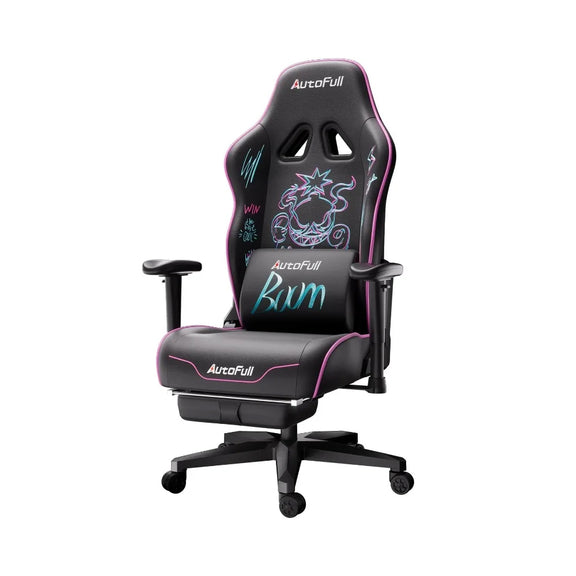 AutoFull C3 ergonomic gaming chair with footrest, lumbar support, and embroidered punk graffiti design