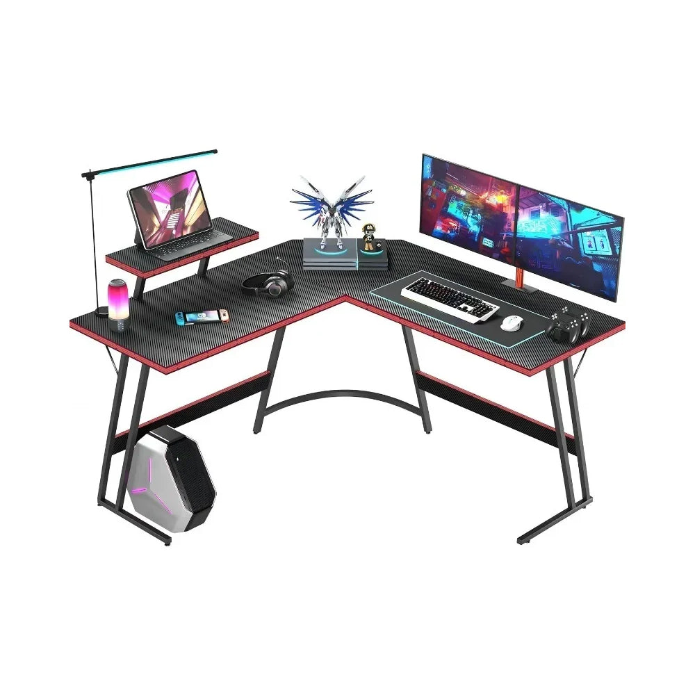 51-inch L-shaped gaming desk with adjustable monitor stand and carbon fiber surface for home office or gaming setups