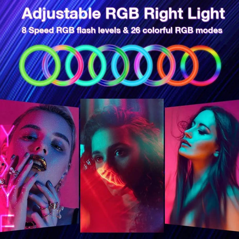 RGB LED ring light with tripod stand and remote control, ideal for YouTube, video lighting, and smartphone photography