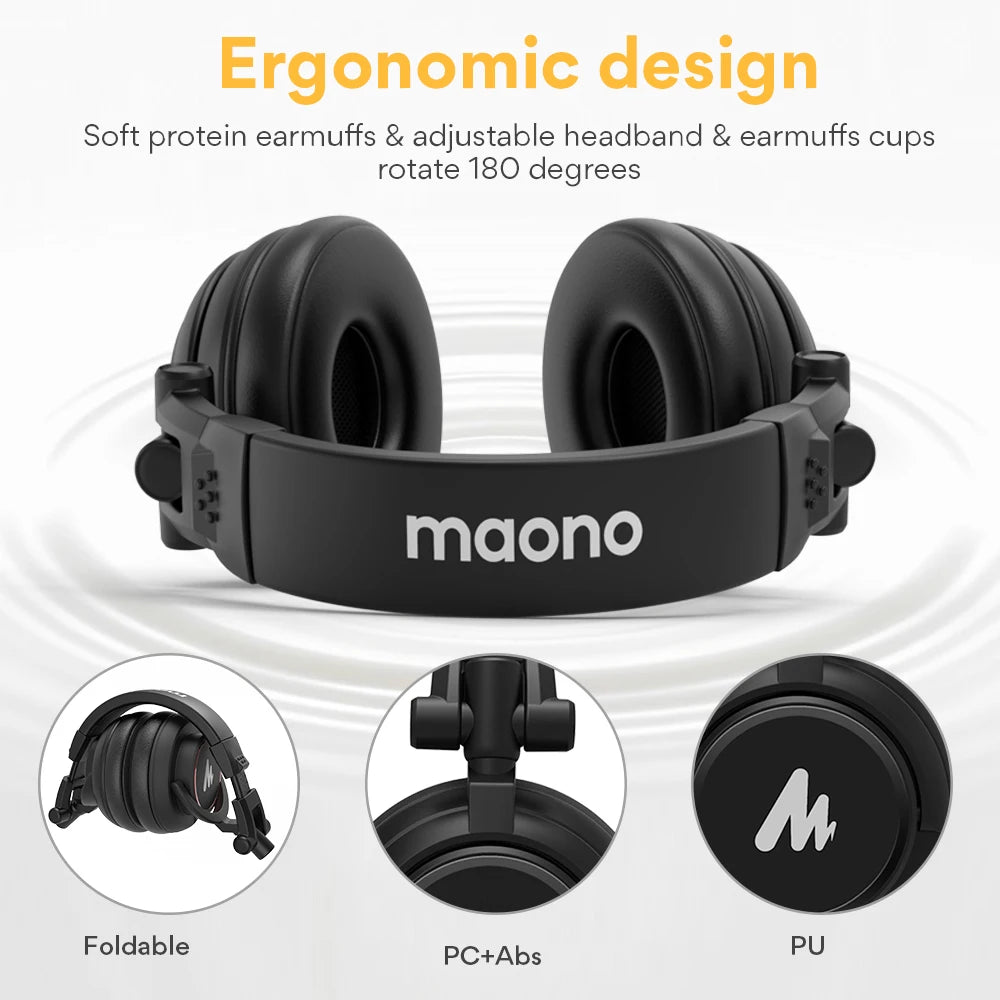 Maono MH601 Professional Studio Monitor Headphones with Detachable Cable and 50mm Drivers - Ideal for DJ, Studio, and Sound Monitoring.