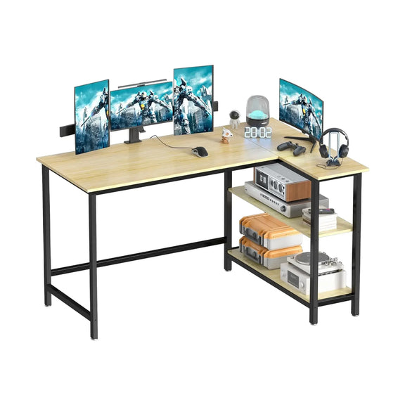 43-inch L-shaped wooden computer desk with integrated storage shelf for home office or gaming setups