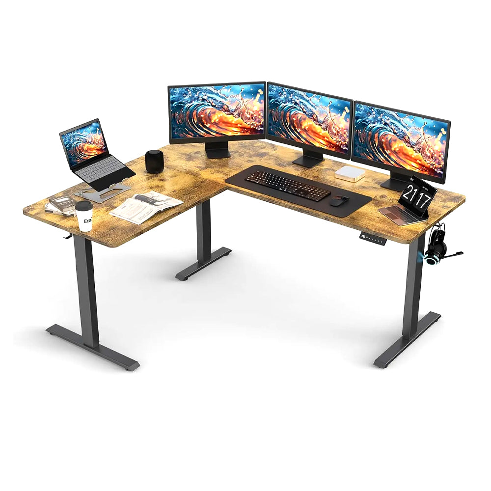 Upgraded L-shaped electric standing desk with adjustable height and corner setup for gaming or office use