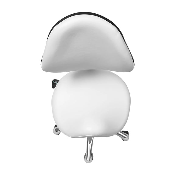 Height adjustable rolling saddle stool with wheels and backrest, 360° swivel for ergonomic seating