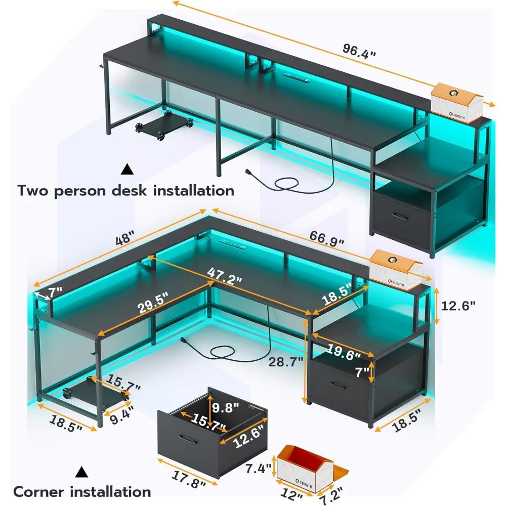 66-inch L-shaped gaming desk with LED lights, power outlets, and file drawer for home office or gaming setup