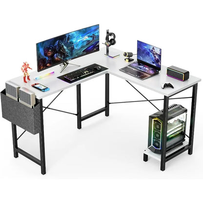 L-shaped corner computer desk with storage bag and CPU tray for gaming or office setups in small spaces