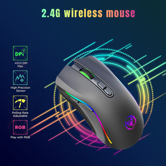 HXSJ Rechargeable RGB Gaming Mouse with ergonomic design, customizable DPI, and backlighting.