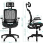 Ergonomic mesh office chair with adjustable headrest and flip-up arms for lumbar support and comfortable sitting.