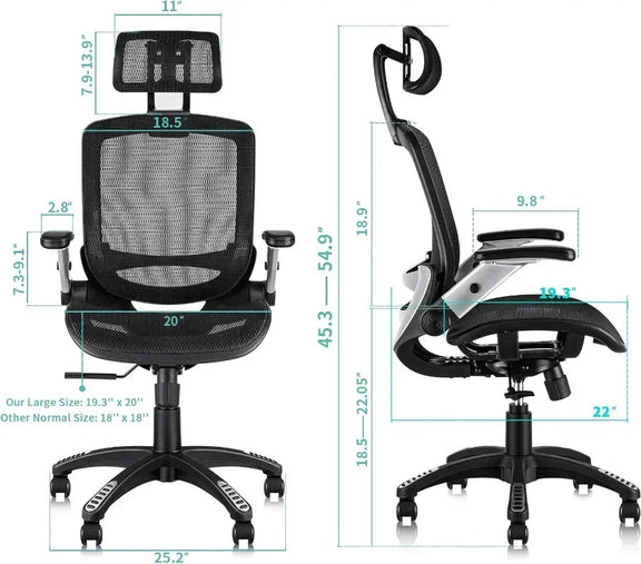 Ergonomic mesh office chair with adjustable headrest and flip-up arms for lumbar support and comfortable sitting.