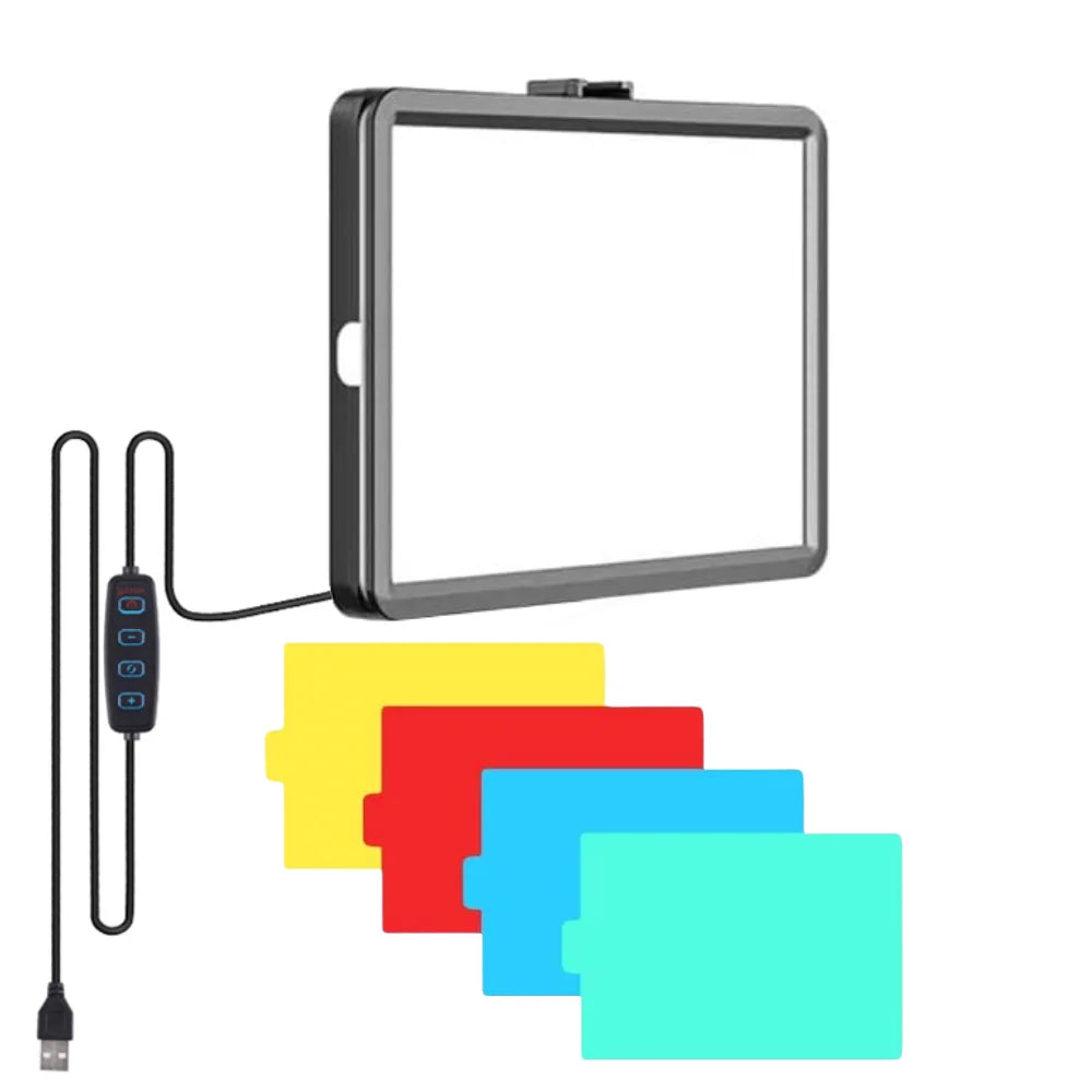 VeFly 8-inch LED fill light panel with RGB color filters for live streaming and photography lighting setup.