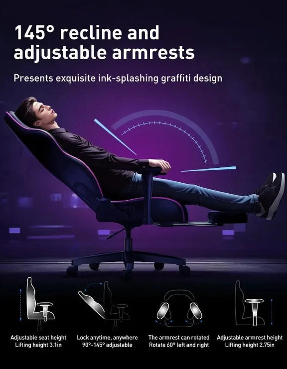 AutoFull C3 ergonomic gaming chair with footrest, lumbar support, and embroidered punk graffiti design