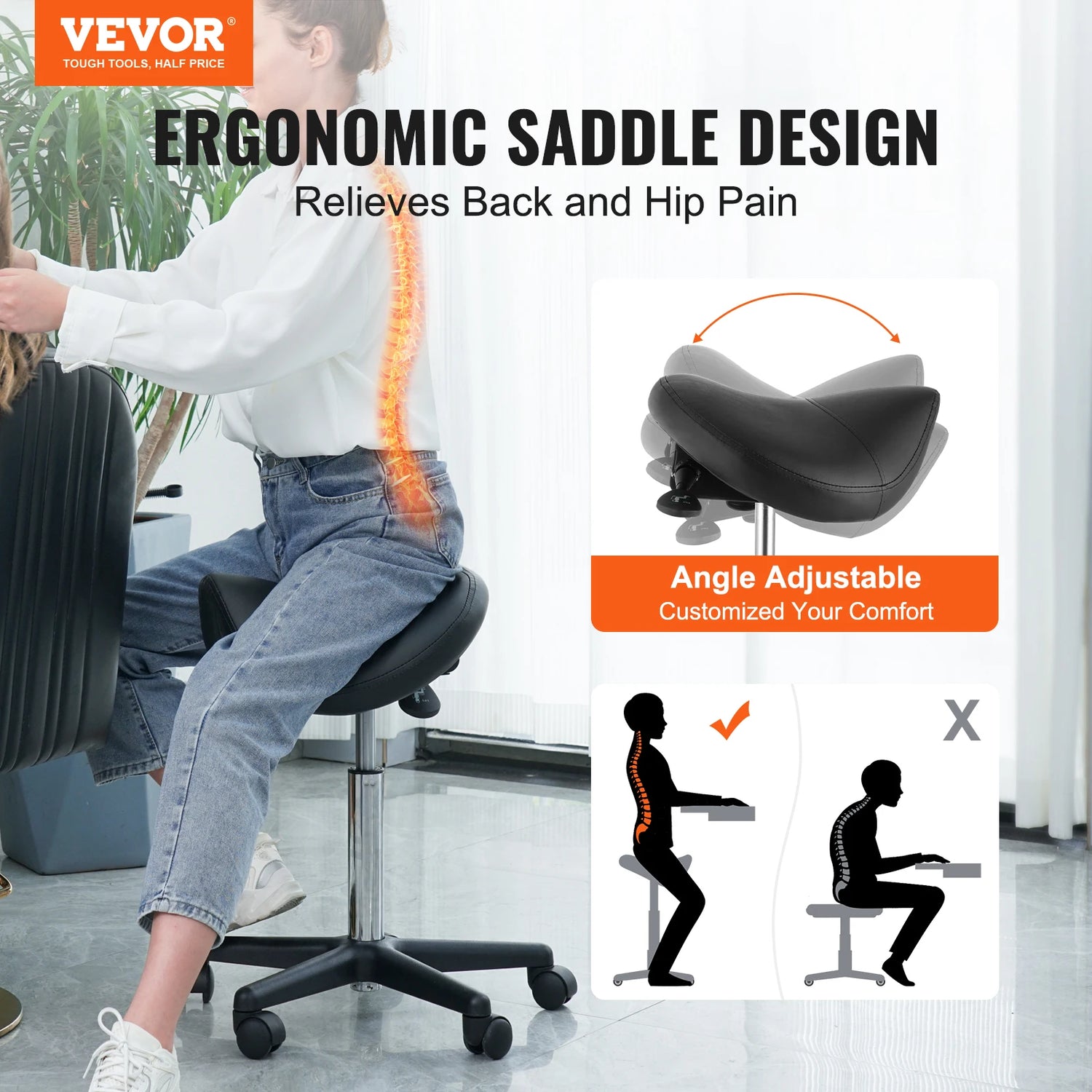 Ergonomic saddle stool with adjustable height and 360° swivel, designed for comfort in salons, offices, and dental clinics.