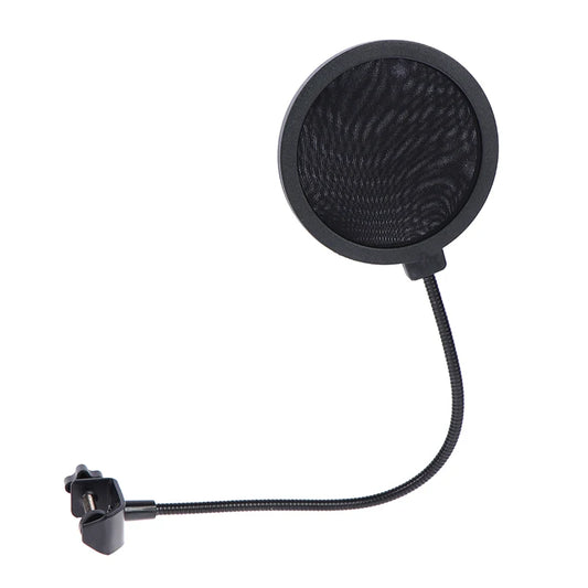 Double-layer black microphone pop filter for studio recording and noise reduction.