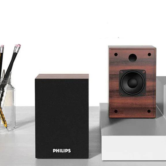 Philips SPA20 Bluetooth speaker with 360° surround sound, USB-powered, and wooden cabinet design