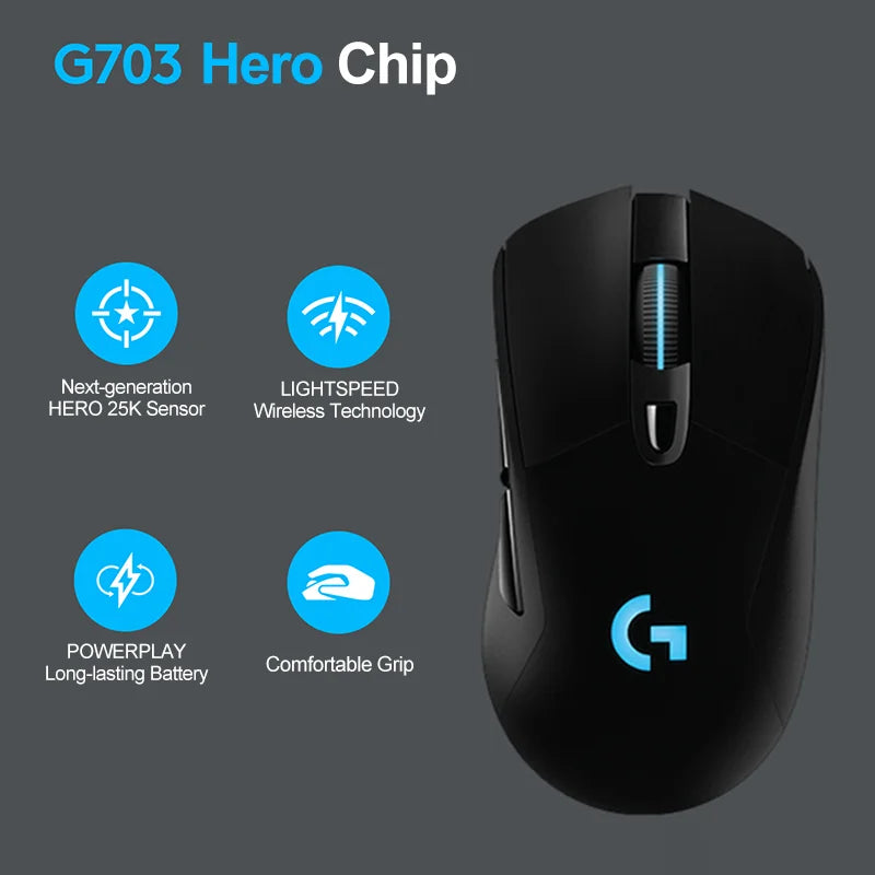 Logitech G703 LIGHTSPEED HERO Wireless Gaming Mouse with HERO 25K sensor and customizable RGB lighting.