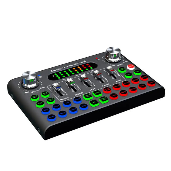 722 F007C Professional Compact Sound Card Mixer with DJ Effects for recording, live streaming, and karaoke.