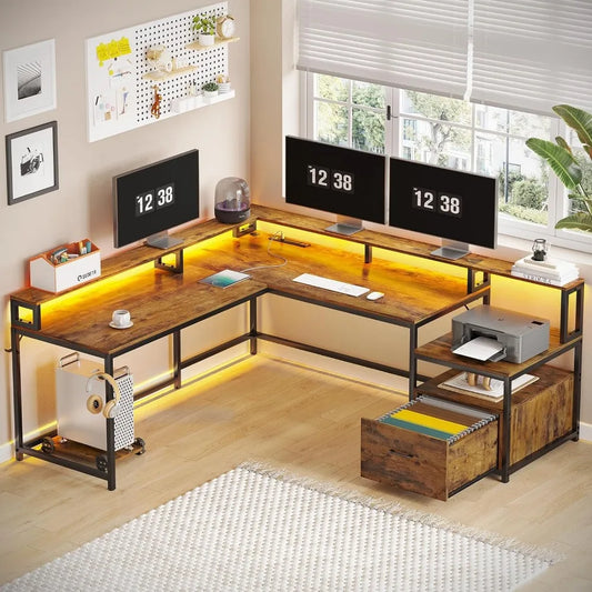 66-inch L-shaped gaming desk with LED lights, power outlets, and file drawer for home office or gaming setup