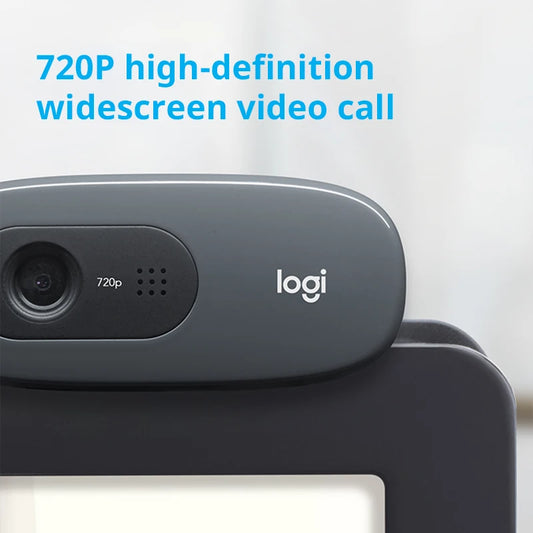 Logitech C270 HD Webcam with 720P resolution, built-in microphone, and compact design for home use and video conferencing.