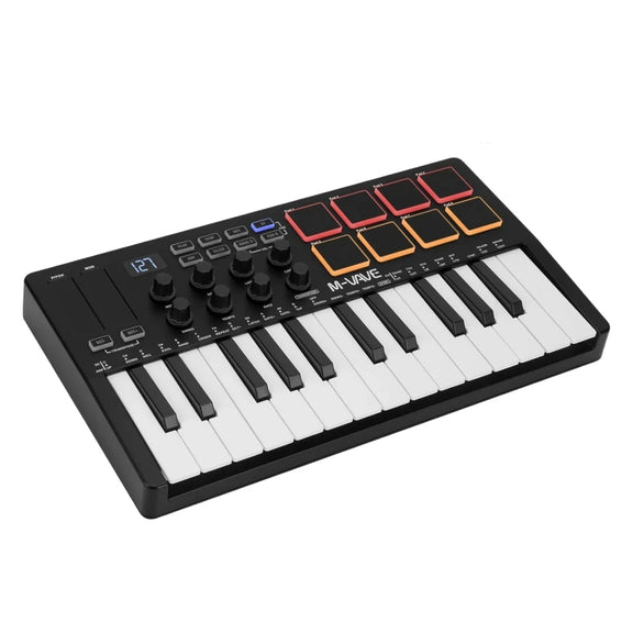 M-VAVE SMK-25 II MIDI Keyboard with 25 mini keys, 16 RGB backlit pads, and 8 assignable knobs for portable music production