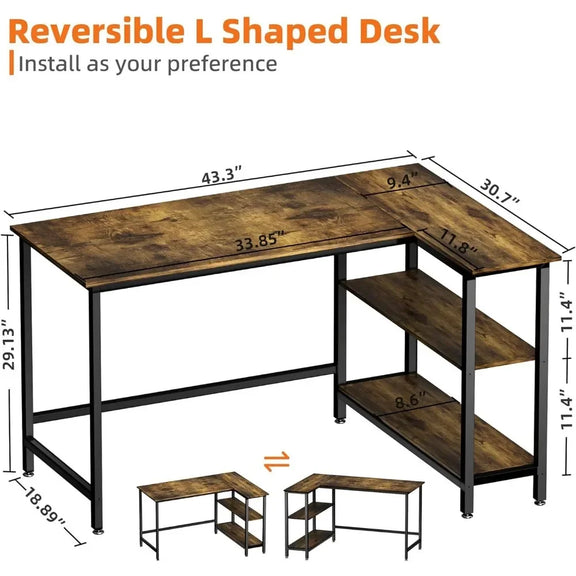 43-inch L-shaped wooden computer desk with integrated storage shelf for home office or gaming setups