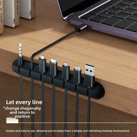 Cable organizer clip with multiple hole options for managing cables on desks, bedside tables, and cars.