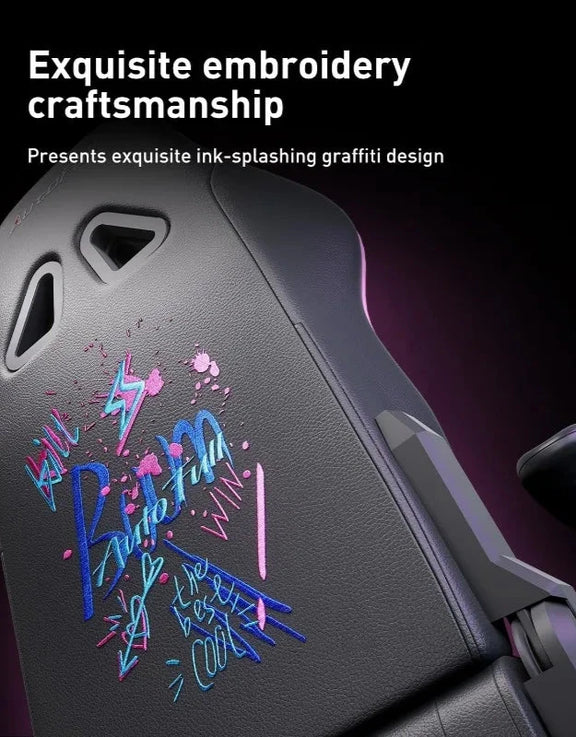 AutoFull C3 ergonomic gaming chair with footrest, lumbar support, and embroidered punk graffiti design