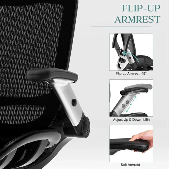 Ergonomic mesh office chair with adjustable headrest and flip-up arms for lumbar support and comfortable sitting.