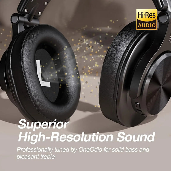 Oneodio Fusion A70 over-ear Bluetooth headphones with Hi-Res audio and dual-mode functionality.