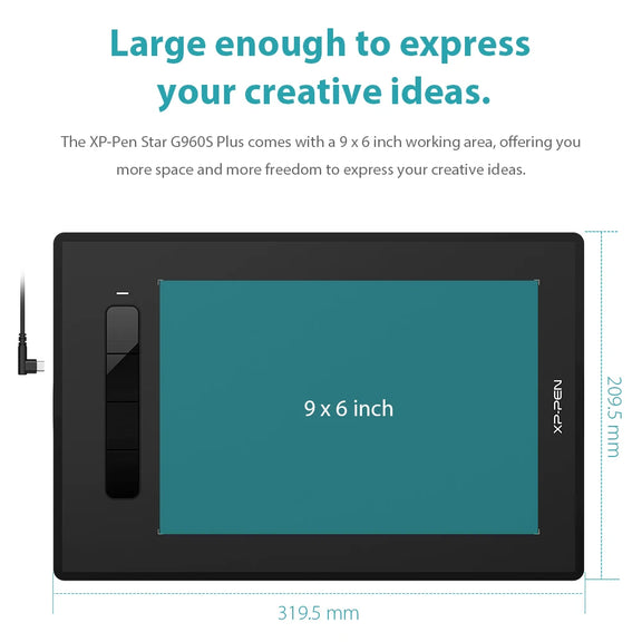 XP-Pen Star G960S Plus Drawing Tablet with 9x6 inch workspace, 8192 pressure levels, and USB connection for digital art and teaching