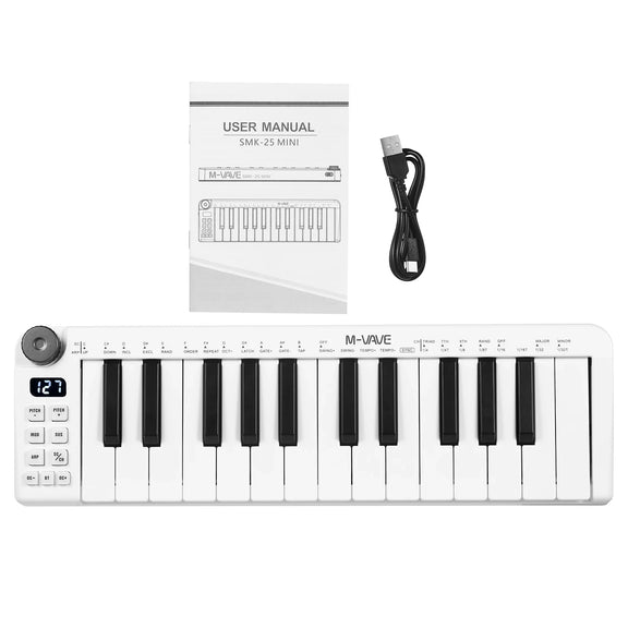 M-VAVE SMK-25 Mini MIDI Keyboard with 25 velocity-sensitive keys and wireless connectivity for portable music production.