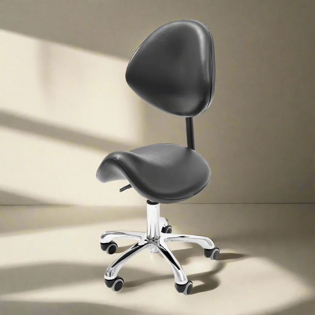 Height adjustable rolling saddle stool with wheels and backrest, 360° swivel for ergonomic seating