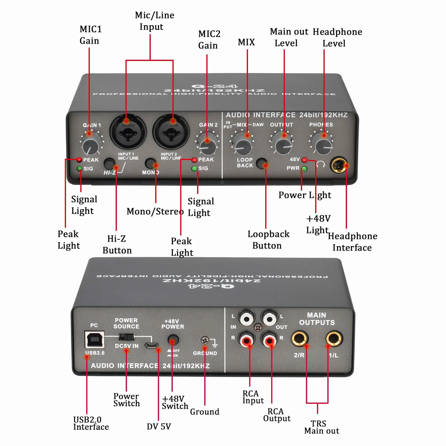 TEYUN Q24 Professional Audio Interface for guitar and vocal recording, portable sound card for studio use