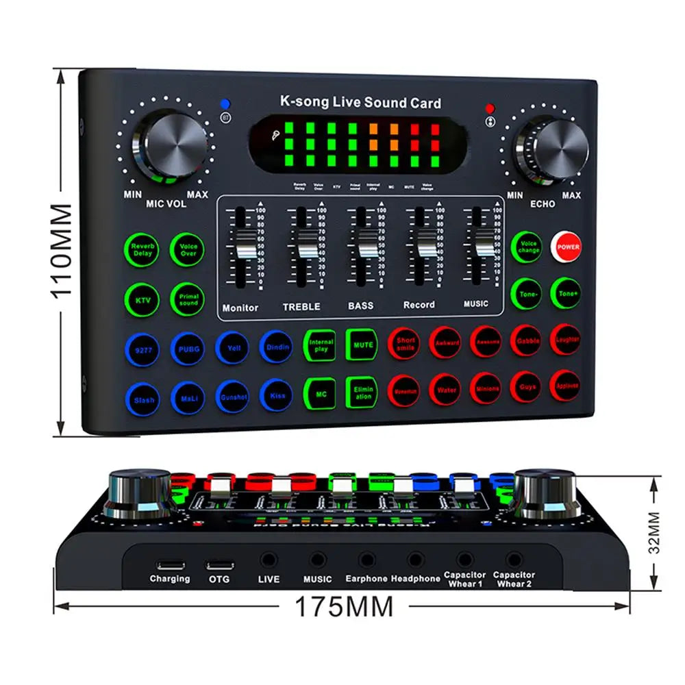 722 F007C Professional Compact Sound Card Mixer with DJ Effects for recording, live streaming, and karaoke.