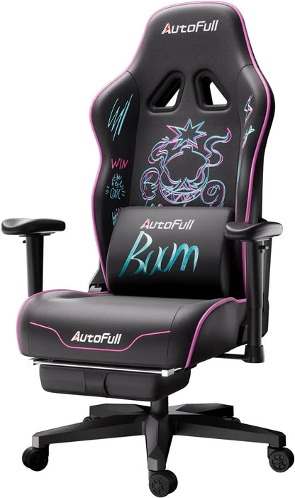 AutoFull C3 ergonomic gaming chair with footrest, lumbar support, and embroidered punk graffiti design