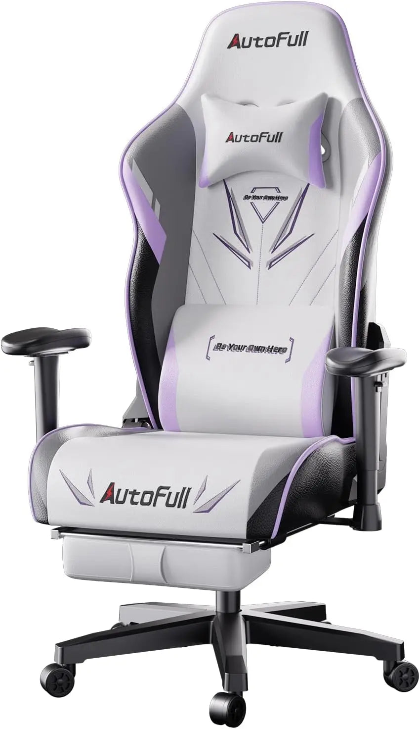 AutoFull C3 ergonomic gaming chair with footrest, lumbar support, and embroidered punk graffiti design