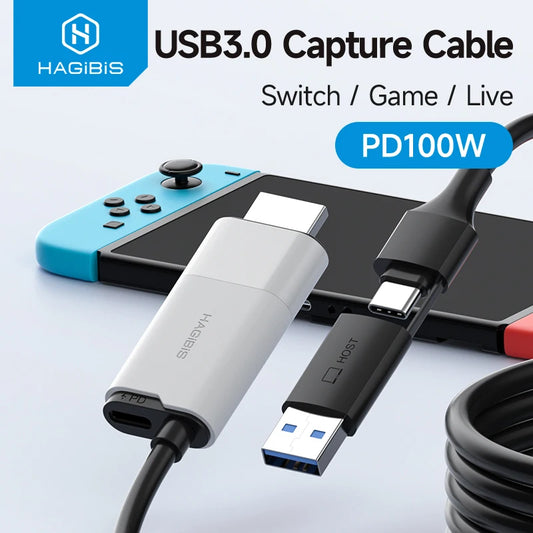 Hagibis USB 3.0 video capture card with HDMI input and USB-A/Type-C dual interface for 1080P 60fps recording.