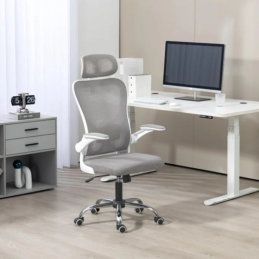 Ergonomic office chair with mesh back, adjustable headrest, and flip-up padded armrests.