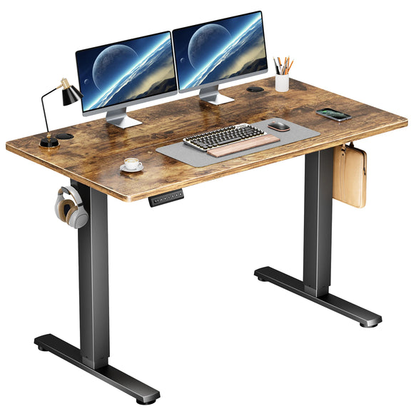 40-inch oak electric standing desk with adjustable height and memory buttons for ergonomic home office setup