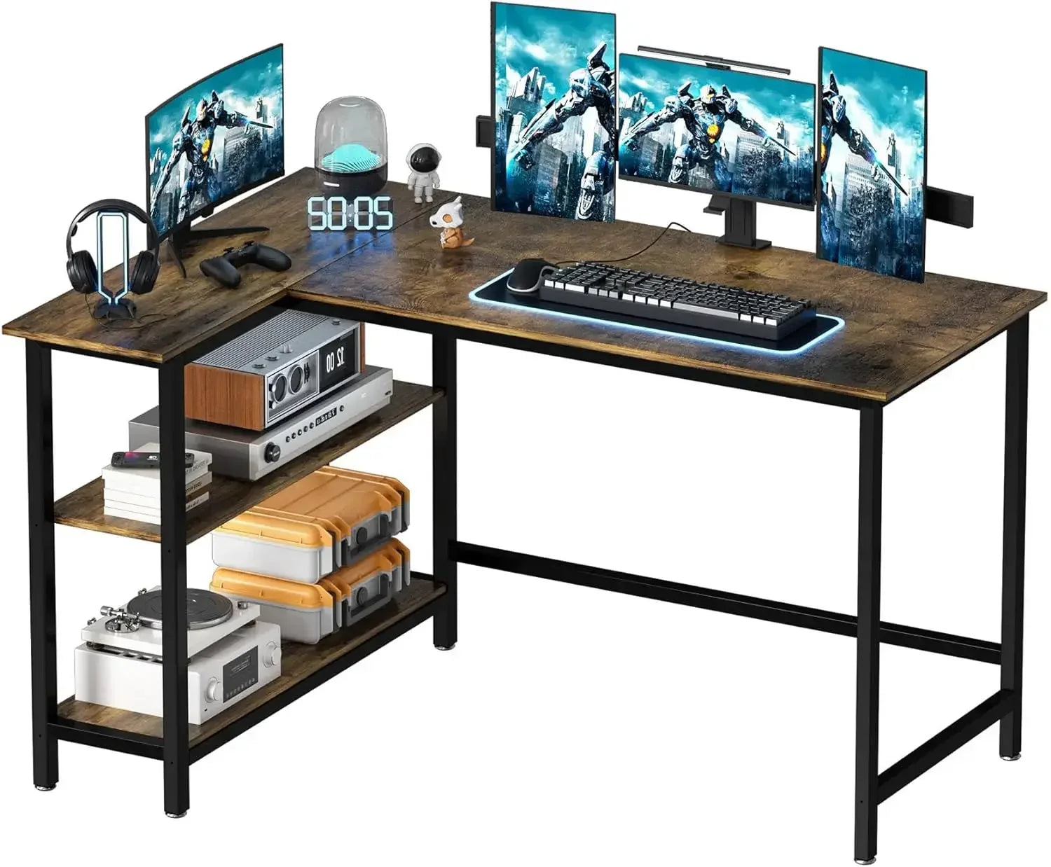 43-inch L-shaped wooden computer desk with integrated storage shelf for home office or gaming setups