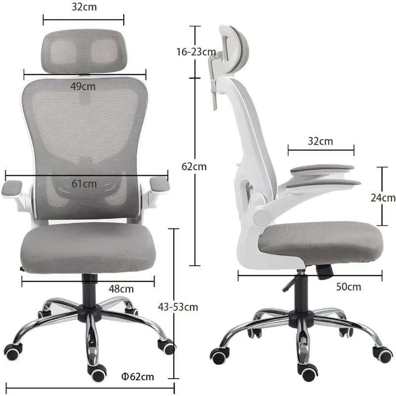 Ergonomic office chair with mesh back, adjustable headrest, and flip-up padded armrests.