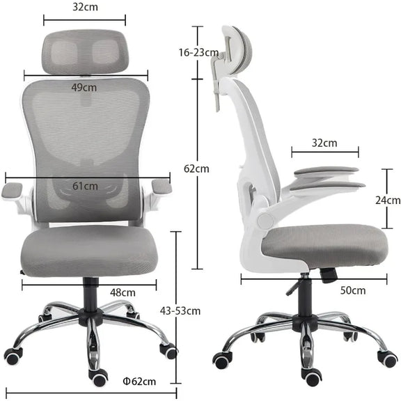 Ergonomic office chair with mesh back, adjustable headrest, and flip-up padded armrests.