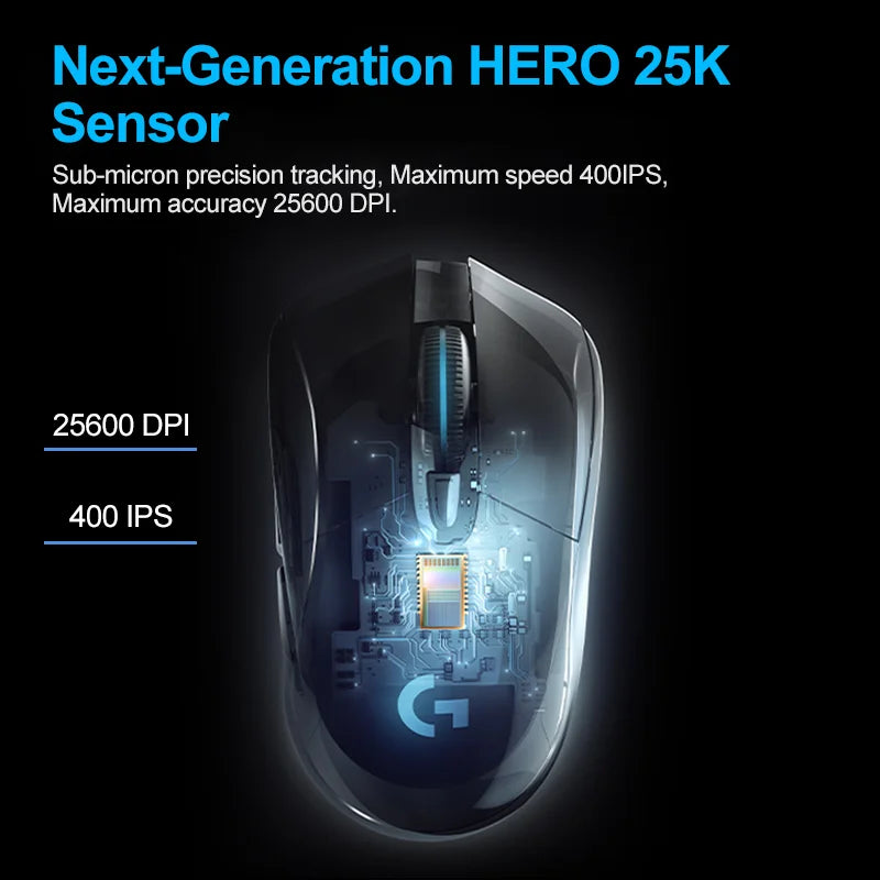 Logitech G703 LIGHTSPEED HERO Wireless Gaming Mouse with HERO 25K sensor and customizable RGB lighting.