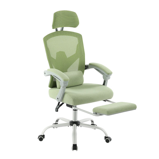 JHK ergonomic reclining mesh office chair with adjustable headrest, lumbar support, and footrest, ideal for long hours of work and relaxation.