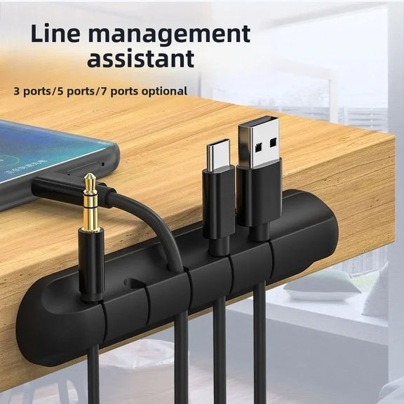 Cable organizer clip with multiple hole options for managing cables on desks, bedside tables, and cars.