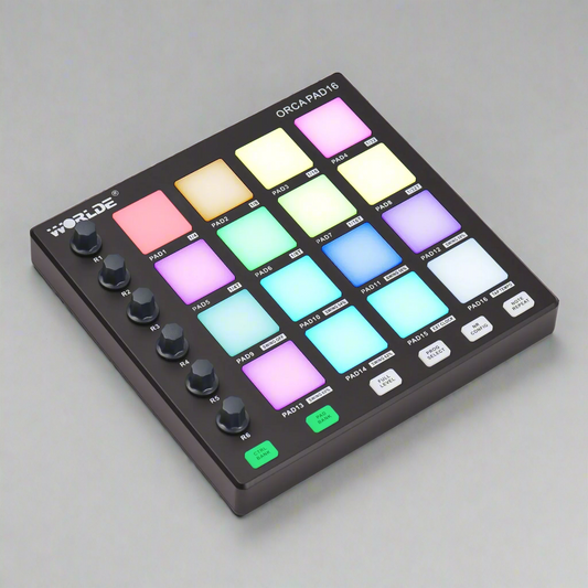 WORLDE MIDI Controller Mini Pad with 48 backlit drum pads and customizable knobs for portable music production.