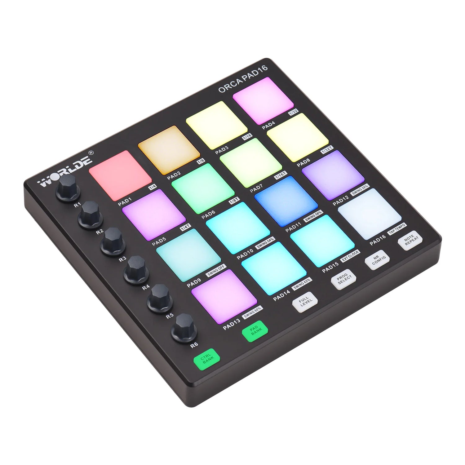 WORLDE MIDI Controller Mini Pad with 48 backlit drum pads and customizable knobs for portable music production.