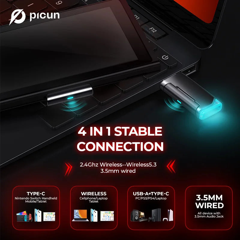 Picun G2 wireless gaming headset with 7.1 surround sound, low latency, retractable ENC mic, and multi-platform support