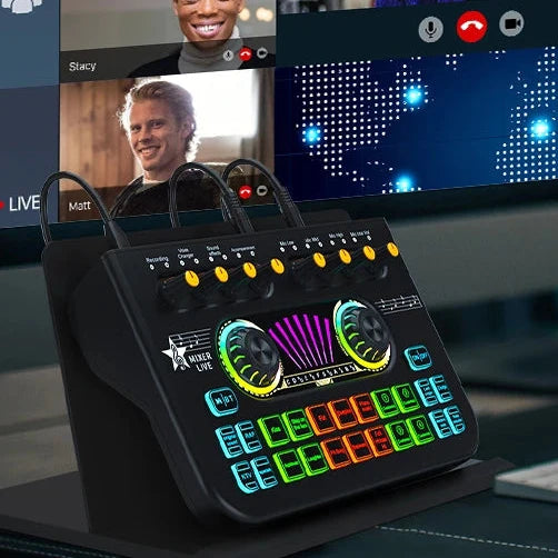 Gaming Audio Mixer with Bluetooth, voice changer, and sound board for live streaming on PC and phone.